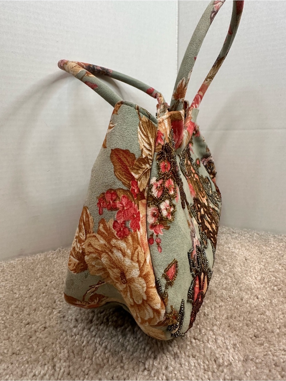 Floral Embroidered Circle Handle Shoulder Bag - Sage Green and Coral Accents - Picture 7 of 8